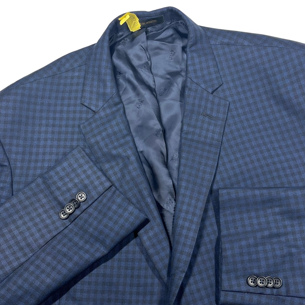 Jos A Bank Reserve Tailored Fit Blazer Men 52L Navy Blue Silk Wool Check